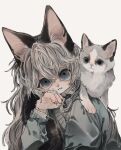  1girl 50_ior :3 animal animal_ears animal_on_shoulder bandaid bandaid_on_cheek bandaid_on_face blue_eyes brooch cat cat_ears cat_girl cat_on_shoulder cat_tail collar collared_shirt colored_tips furry furry_female grey_hair hair_between_eyes hand_up head_tilt highres jewelry long_hair long_sleeves looking_at_viewer multicolored_hair original paw_pose shirt simple_background smile snout sweater tail upper_body white_background white_hair white_shirt 