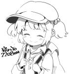  1girl backpack bag cactas7 closed_eyes closed_mouth commentary facing_viewer flat_cap greyscale hair_bobbles hair_ornament hat highres kawashiro_nitori key monochrome short_hair simple_background smile solo touhou two_side_up upper_body 