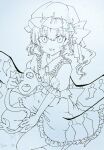  1girl ascot back_bow bow chaka3464 feet_out_of_frame flandre_scarlet frilled_shirt_collar frilled_skirt frilled_sleeves frills greyscale hair_between_eyes hat holding holding_polearm holding_weapon laevatein_(touhou) lineart looking_at_viewer making-of medium_hair mob_cap monochrome polearm puffy_short_sleeves puffy_sleeves short_sleeves simple_background skirt solo tongue tongue_out touhou vest weapon white_background wings 