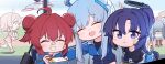  5girls :d ^_^ absurdres ahoge bandaid bandaid_on_cheek bandaid_on_face bandaid_on_nose bento black_jacket blue_archive blunt_bangs buruma chibi chopsticks closed_eyes commentary_request double_bun eating facial_tattoo fubuki_(blue_archive) grey_hair hair_between_eyes hair_bun halo hat headgear highres holding holding_chopsticks id_card jacket lanyard long_hair long_sleeves looking_at_another looking_at_viewer maki_(blue_archive) medium_hair multicolored_hair multiple_girls noa_(blue_archive) nurse_cap official_alternate_costume parted_bangs peaked_cap pink_hair police police_uniform policewoman purple_hair redhead running serina_(blue_archive) sidelocks sitting smile star_tattoo streaked_hair sweatdrop tattoo track_jacket uniform violet_eyes yanggaengwang yuuka_(blue_archive) 