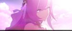  1girl bare_shoulders chinese_commentary closed_mouth clouds cloudy_sky collarbone elysia_(herrscher_of_human:ego)_(honkai_impact) elysia_(honkai_impact) highres honkai_(series) honkai_impact_3rd long_hair looking_at_viewer official_art official_wallpaper outdoors pink_eyes pink_hair pointy_ears sky smile solo sunlight 