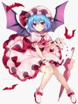  1girl bat_wings blue_hair blush closed_mouth dress frilled_dress frilled_sleeves frills hair_between_eyes hat hat_ribbon highres mob_cap pink_dress pink_footwear pink_headwear puffy_short_sleeves puffy_sleeves purple_wings red_eyes red_ribbon remilia_scarlet ribbon ruhika shoes short_hair short_sleeves simple_background smile solo touhou twitter_username umbrella white_background wings wrist_cuffs 