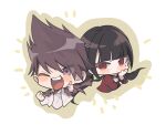  1boy 1girl :d ;d black_hair black_sailor_collar blush brown_background chibi cropped_torso danganronpa_(series) danganronpa_v3:_killing_harmony frown hair_ornament hairclip harukawa_maki jacket liliy1191 long_hair mole mole_under_eye momota_kaito one_eye_closed open_clothes open_jacket open_shirt pink_eyes pink_jacket red_eyes red_shirt sailor_collar shirt smile spiky_hair thumbs_up white_background white_shirt 