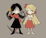  2girls arm_at_side black_footwear black_hair black_pantyhose black_skirt blank_eyes blonde_hair chibi collared_shirt don&#039;t_starve fire flower full_body grey_background hair_flower hair_ornament hand_up hands_up high_heels holding holding_flower holding_matchstick holding_pickaxe kuimovi long_hair long_sleeves looking_at_viewer low_twintails multiple_girls pantyhose pickaxe pleated_skirt puffy_short_sleeves puffy_sleeves red_flower red_shirt red_skirt shirt shoes short_sleeves simple_background skirt socks standing twintails very_long_hair wendy_(don&#039;t_starve) white_footwear white_socks willow_(don&#039;t_starve) 