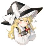  1girl angry black_headwear black_jacket blonde_hair bow braid crossed_arms hair_bow hat highres jacket jill_07km kirisame_marisa long_hair long_sleeves looking_at_viewer red_bow shirt single_braid solo touhou white_background white_shirt witch_hat yellow_eyes 
