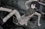  1boy arm_up black_footwear black_hair buttons checkered_clothes checkered_scarf danganronpa_(series) danganronpa_v3:_killing_harmony double-breasted flipped_hair grey_background grey_jacket grey_pants highres jacket long_sleeves male_focus open_mouth ouma_kokichi pants scarf shoes shopping_cart solo violet_eyes wa_noko 