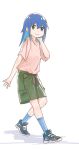  1girl aqua_hair blue_hair blue_socks colored_inner_hair commentary drawstring full_body green_eyes green_shorts hair_between_eyes hand_up hands_in_hair highres long_hair looking_at_viewer multicolored_hair onii-chan_wa_oshimai! pink_shirt shirt shoes short_sleeves shorts simple_background smile sneakers socks solo tenkawa_nayuta two-tone_hair white_background yituonongtang 