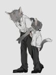  2boys 50_ior animal_ears arm_behind_back black_pants blush cat_boy cat_ears cat_tail collared_shirt covered_eyes dress_shirt eating food fox_boy fox_ears fox_tail from_side full_body furry furry_male grey_hair hair_over_eyes hand_up height_difference highres leaning_forward long_sleeves low_ponytail male_focus motion_lines multiple_boys nose_blush original pants ponytail popsicle school_uniform shirt shirt_tucked_in short_hair short_sleeves simple_background sleeves_rolled_up smile snout tail tongue tongue_out undershirt walking white_background white_shirt yellow_eyes 
