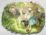  1girl animal_ear_fluff animal_ears ankle_socks arknights basket black_cat blonde_hair blue_hairband blue_skirt blush bobby_socks brown_footwear cardigan cat commentary crossover flower fox_ears fox_girl fox_tail frilled_hairband frills full_body grass green_eyes hair_ornament hair_scrunchie hairband heixiu high-waist_skirt highres holding holding_basket kamonoshima kitsune kyuubi long_hair long_sleeves luoxiaohei mary_janes multicolored_hair multiple_tails nature neck_ribbon official_alternate_costume on_head open_cardigan open_clothes open_mouth outdoors puffy_long_sleeves puffy_sleeves red_ribbon ribbon scrunchie shoes skirt sleeve_cuffs socks solo stitches suzuran_(arknights) suzuran_(spring_praise)_(arknights) tail the_legend_of_luo_xiaohei two-tone_hair white_cardigan white_hair white_socks 