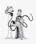  1girl absurdres black_bodysuit bodysuit closed_eyes cyborg extra_arms full_body highres jacket mechanical_arms mechanical_parts open_mouth original robot science_fiction short_hair simple_background solo standing susudust white_background white_bodysuit white_jacket 