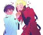  1boy 1girl black_hair blonde_hair blue_eyes blush cape closed_eyes couple doughnut earrings embarrassed food heart highres hyang_sook jewelry meryl_stryfe open_mouth ring short_hair simple_background trigun vash_the_stampede white_background white_cape 