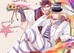  2boys adjusting_clothes adjusting_headwear argyle argyle_hat battle_tendency blonde_hair bow bowtie brown_hair caesar_anthonio_zeppeli cake card crossed_legs dated facial_mark fingerless_gloves food gloves grin happy_birthday hat holding holding_cake holding_food holding_tray jacket jojo_no_kimyou_na_bouken male_focus multiple_boys one_eye_closed pants playing_card r9exx sitting smile star_(symbol) striped striped_pants suspenders sweater_vest top_hat tray triangle_print white_jacket 