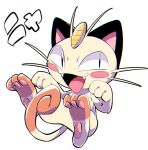  :d black_eyes blush_stickers boku002 chromatic_aberration commentary_request fangs full_body hands_up highres meowth no_humans open_mouth pokemon pokemon_(creature) smile solo tongue white_background 