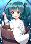  1girl bucket copyright_request dark_green_hair green_eyes green_hair hair_bobbles hair_ornament highres holding in_bucket in_container kisume looking_at_viewer one-hour_drawing_challenge open_mouth ruu_(tksymkw) short_hair smile touhou wooden_bucket 