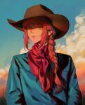  1girl absurdres alternate_costume blue_shirt blue_sky braid braided_ponytail brown_headwear chainsaw_man closed_mouth clouds cowboy_hat cowboy_western expressionless hair_over_shoulder hat highres kozzz_y long_hair looking_at_viewer makima_(chainsaw_man) red_lips red_scarf redhead ringed_eyes scarf shirt sidelocks sky solo upper_body yellow_eyes 