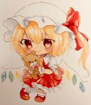  1girl ascot blonde_hair blush breasts chibi closed_mouth collared_shirt flandre_scarlet frilled_shirt_collar frilled_skirt frills full_body hair_between_eyes hat holding holding_stuffed_toy looking_at_viewer mary_janes medium_hair mob_cap multicolored_wings pigeon-toed puffy_short_sleeves puffy_sleeves red_eyes red_footwear red_skirt red_vest shirt shoes short_sleeves simple_background skirt small_breasts socks solo stuffed_animal stuffed_toy teddy_bear touhou traditional_media vest white_background white_headwear white_shirt white_socks wings wreath_mekko0 yellow_ascot 