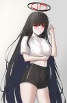 1girl absurdres black_hair black_shorts copyright_request grey_background halo highres jaha709953 long_hair looking_at_viewer red_eyes rio_(blue_archive) shirt short_sleeves shorts sportswear very_long_hair white_shirt 