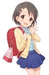  1girl animal_print backpack bag black_hair blue_shirt blue_skirt blush breasts brown_eyes buchi_(y0u0ri_) cardigan carrot_print dot_nose food_print hair_ornament hairclip highres idolmaster idolmaster_cinderella_girls idolmaster_cinderella_girls_starlight_stage idolmaster_cinderella_girls_u149 long_sleeves looking_at_viewer open_mouth partially_unbuttoned rabbit_hair_ornament rabbit_print randoseru sasaki_chie shirt short_hair simple_background skirt small_breasts smile solo white_background yellow_cardigan 