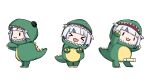  &gt;_&lt; 1girl :3 chibi dinosaur_costume full_body gawr_gura highres hololive hololive_english kamigui_0213 long_sleeves looking_at_viewer multiple_views open_mouth shark_girl simple_background smile smol_gura virtual_youtuber white_background white_hair |_| 