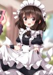  1girl blush brown_eyes buttons clothes_lift frills highres looking_at_viewer maid maid_headdress medium_hair one-hour_drawing_challenge open_mouth ruu_(tksymkw) short_ponytail side_ponytail skirt skirt_lift touhou usami_renko 