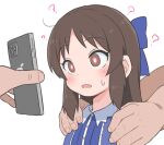  1girl 2boys ? blue_bow blue_dress blush bow brown_eyes brown_hair bubukka buttons cellphone collar dress empty_eyes hair_bow hands_on_another&#039;s_shoulders holding holding_phone hypnosis idolmaster idolmaster_cinderella_girls long_hair looking_at_another mind_control multiple_boys parted_lips phone sidelocks smartphone sweat tachibana_arisu upper_body white_background white_collar 