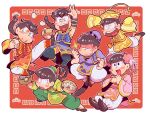  6+boys alternate_costume alternate_hairstyle armlet bamboo_steamer blush_stickers bowl brothers brown_hair bun_cover chinese_clothes dumpling fang food hat male_focus matsu_symbol matsuno_choromatsu matsuno_ichimatsu matsuno_jyushimatsu matsuno_karamatsu matsuno_osomatsu matsuno_todomatsu multiple_boys osomatsu-san palm-fist_tap pelvic_curtain ponytail qing_guanmao red_background sanjiro_(tenshin_anman) sextuplets shaded_face shirt siblings sleeveless sleeveless_shirt sleeves_past_fingers sleeves_past_wrists sparkling_eyes symbol-shaped_pupils tangzhuang v 