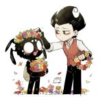  2boys amy7996659 backpack bag bags_under_eyes black_gloves black_hair black_pants blank_eyes blush bug butterfly collared_shirt don&#039;t_starve fangs feet_out_of_frame fingerless_gloves flower flower_wreath furry furry_male gloves hand_on_another&#039;s_head head_wreath highres holding holding_flower looking_at_another male_focus monster_boy multiple_boys open_mouth pants petals putting_on_headwear red_vest shirt short_hair simple_background sleeves_rolled_up smile spider_boy spiky_hair standing vest webber_(don&#039;t_starve) white_background white_shirt widow&#039;s_peak wilson_(don&#039;t_starve) 