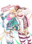  2boys adjusting_clothes adjusting_headwear battle_tendency blonde_hair caesar_anthonio_zeppeli dated dual_persona facial_mark feather_hair_ornament feathers fingerless_gloves flower gloves green_eyes green_jacket hair_ornament happy_birthday hat hat_flower headband hydrokinesis jacket jojo_no_kimyou_na_bouken male_focus multiple_boys pants pink_scarf r9exx scarf shirt soap_bubbles striped striped_pants striped_shirt sunflower top_hat triangle_print water white_jacket 