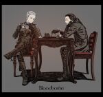  2boys black_border black_hair bloodborne boots border brown_footwear brown_gloves brown_pants chair chess_piece chessboard copyright_name crossed_legs cup facial_hair from_side gloves goatee grey_background grey_hair hands_up highres holding holding_cup hunter_(bloodborne) kamezaemon knee_boots male_focus multiple_boys pants ponytail shirt simple_background sitting striped striped_shirt table teacup 
