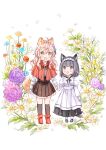  2girls :d aged_down ahoge animal_ear_fluff animal_ears apron black_footwear black_hair black_skirt black_socks blue_flower boots brown_eyes brown_skirt capelet cat_ears cat_girl cat_tail commentary_request flower frilled_skirt frills hair_between_eyes hair_flower hair_ornament holding_hands juliet_sleeves kneehighs komugi_(wataame27) long_sleeves multiple_girls original pantyhose petals pink_flower pink_hair pleated_skirt puffy_sleeves purple_flower red_capelet red_flower red_footwear shirt shoes simple_background skirt smile socks standing tail violet_eyes waist_apron wataame27 white_apron white_background white_flower white_pantyhose white_shirt wolf-chan_(wataame27) wolf_ears wolf_girl wolf_tail yellow_flower 