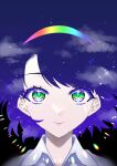  1girl absurdres blue_hair cloak close-up closed_mouth clouds cloudy_sky commentary_request eyelashes highres lips looking_at_viewer multicolored_eyes multicolored_hairband rainbow_eyes rainbow_gradient short_hair sky smile solo star_(sky) starry_sky tenkyuu_chimata touhou user_pymc8558 white_cloak 