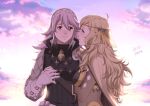  2girls autumn-sacura blonde_hair cape fire_emblem fire_emblem_fates gambeson gloves hair_between_eyes hairband holding_hands long_sleeves looking_at_another multiple_girls ophelia_(fire_emblem) pink_hair smile soleil_(fire_emblem) upper_body white_gloves yuri 