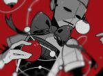  1other android anyu0 ball bauble blurry bow bowtie christmas_ornaments depth_of_field don&#039;t_starve gears half-closed_eyes hand_up highres holding hollow_eyes lying monochrome on_back red_background red_theme simple_background string upper_body wx-78 