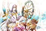  1girl black_gloves cowboy_shot crystal final_fantasy final_fantasy_xiv gloves hood hood_up looking_at_object nymeia_(ff14) ruka_(blueplus84) short_hair signature smile solo spinning_wheel striped_sleeves twitter_username white_hair yellow_eyes 