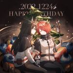  2girls akirarec animal_ears arknights bell belt black_background black_gloves black_hair black_pants black_shirt christmas_tree closed_eyes coat commentary dated english_commentary english_text exusiai_(arknights) from_side gift gloves gradient_background hair_over_one_eye halo happy_birthday highres holding holding_mirror id_card indoors long_hair long_sleeves mirror mistletoe multiple_girls neck_bell pants profile red_belt redhead shirt short_hair short_sleeves simple_background smile stuffed_animal stuffed_penguin stuffed_toy texas_(arknights) white_coat wolf_ears wolf_girl yellow_eyes 