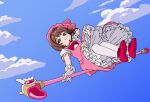  1girl blue_sky bow bowtie brown_eyes cardcaptor_sakura clouds dress frilled_gloves frilled_shirt frills fuuin_no_tsue gloves green_eyes highres kinomoto_sakura komakichi315 pantyhose pink_dress puffy_short_sleeves puffy_sleeves red_bow red_bowtie red_headwear riding shirt short_hair short_sleeves sky smile solo under_skirt wand white_gloves white_pantyhose white_shirt 