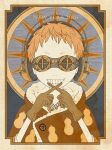  1boy 2016 border brown_cloak brown_theme chinese_zodiac cloak covered_eyes english_text facing_viewer food_print fur-trimmed_cloak fur_trim goggles gourd grin hands_up happy_new_year headphones index_finger_raised male_focus orange_hair original short_hair skinny smile solo straight-on sun_symbol tokyo_mononoke upper_body year_of_the_monkey 