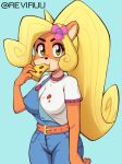  1girl absurdres artist_name belt blonde_hair blue_background blue_overalls brown_belt coco_bandicoot crash_bandicoot_(series) flower food food_on_clothes furry furry_female green_eyes hair_flower hair_ornament highres holding holding_food holding_pizza long_hair looking_at_viewer overalls pizza pizza_slice reviruu shirt short_sleeves simple_background solo watermark white_shirt 