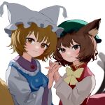  2girls animal_ear_fluff animal_ears blonde_hair bow bowtie brown_eyes brown_hair cat_ears cat_tail chen closed_mouth commentary fox_tail green_headwear hat highres holding_hands interlocked_fingers long_sleeves looking_at_viewer mikan_(manmarumikan) mob_cap multiple_girls multiple_tails nekomata short_hair smile tabard tail touhou two_tails upper_body white_headwear yakumo_ran yellow_bow yellow_bowtie yellow_eyes 