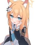  1girl animal_ear_fluff animal_ears blue_archive blue_eyes blush flower hair_between_eyes hair_flower hair_ornament halo hand_on_own_face highres long_hair long_sleeves looking_at_viewer mari_(blue_archive) nonddu open_mouth orange_hair solo yellow_halo 