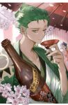  1boy ;) alcohol cherry_blossoms choko_(cup) coat coat_on_shoulders cup green_eyes green_hair hand_up highres japanese_clothes kimono male_focus monkey_d._luffy one_eye_closed one_piece roronoa_zoro saitani scar scar_across_eye short_hair smile solo_focus topknot umbrella 