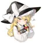  1girl angry black_headwear black_jacket blonde_hair bow braid crossed_arms dress hair_bow hat highres jacket jill_07km kirisame_marisa long_hair long_sleeves looking_at_viewer red_bow shirt single_braid solo touhou white_background white_shirt witch_hat yellow_eyes 
