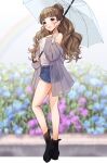  1girl ankle_boots bare_shoulders blunt_bangs blush boots breasts brown_hair bush collarbone denim denim_shorts earrings flower full_body hair_bun highres holding holding_umbrella hydrangea idolmaster idolmaster_cinderella_girls idolmaster_cinderella_girls_starlight_stage jacket jewelry kamiya_nao long_hair looking_at_another medium_breasts midriff_peek neru5 open_mouth rain rainbow red_eyes see-through see-through_jacket shirt shorts single_hair_bun sleeveless sleeveless_shirt smile solo thick_eyebrows triangle_earrings umbrella white_shirt 