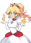  1girl absurdres blonde_hair blue_eyes breasts crown dress earrings elbow_gloves fire_peach fireball gloves highres jewelry long_hair medium_breasts ponytail princess_peach redhead short_sleeves simple_background smile solo super_mario_bros. white_background white_gloves winterregalia 