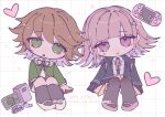  1boy 1girl black_jacket blunt_bangs brown_hair brown_socks brown_thighhighs character_name chibi computer danganronpa:_trigger_happy_havoc danganronpa_(series) danganronpa_2:_goodbye_despair flipped_hair fujisaki_chihiro green_eyes green_jacket grey_shirt handheld_game_console happy_birthday heart highres hood hood_down hooded_jacket jacket kneehighs medium_hair medium_skirt nanami_chiaki neck_ribbon open_clothes open_jacket pink_eyes pink_footwear pink_ribbon pleated_skirt ribbon ru-pe_(gstm_0915) shirt shoes sitting skirt socks thigh-highs two-tone_shirt 