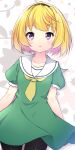  1girl :o black_hairband black_pantyhose blonde_hair collarbone colored_inner_hair cowboy_shot dress green_dress hairband hazumi_otoya highres higurashi_no_naku_koro_ni houjou_satoko looking_at_viewer multicolored_hair neckerchief open_mouth pantyhose pink_hair sailor_collar sailor_dress short_hair solo violet_eyes white_sailor_collar yellow_neckerchief 