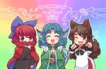  3girls ;d animal_ears artist_request blouse blue_bow blue_hair bow brooch brown_hair cape covered_mouth dress drill_hair fang frills green_kimono hair_bow head_fins imaizumi_kagerou japanese_clothes jewelry kimono long_hair long_sleeves looking_at_viewer mermaid monster_girl multiple_girls one_eye_closed outline rainbow_gradient red_eyes redhead sash sekibanki shirt short_hair smile tail touhou v-shaped_eyebrows wakasagihime white_outline wolf_ears wolf_tail 