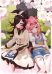  2girls absurdres animal_ears belt blanket blush book bow_hairband breasts brown_dress brown_hair cherry_blossoms closed_eyes closed_mouth collared_shirt dress ear_covers ears_down feet_out_of_frame freely2327 grass hair_intakes hair_over_one_eye hairband haru_urara_(umamusume) highres horse_ears horse_girl horse_tail intertwined_tails long_sleeves multiple_girls neck_ribbon outdoors overall_shorts overalls pink_hair ribbon rice_shower_(umamusume) shirt short_sleeves sitting small_breasts smile tail tree umamusume 