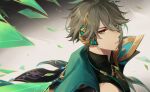  1boy alhaitham_(genshin_impact) artist_name blue_eyes cape chest_jewel closed_mouth genshin_impact green_hair grey_background grey_hair hair_between_eyes highres looking_at_viewer male_focus multicolored_hair shoulder_cape simple_background solo upper_body yuelight 