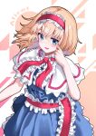  1girl absurdres alice_margatroid ascot blonde_hair blue_dress blue_eyes capelet dress english_text frilled_dress frills headband highres kabi_killer red_ascot red_headband short_sleeves smile solo touhou white_capelet 